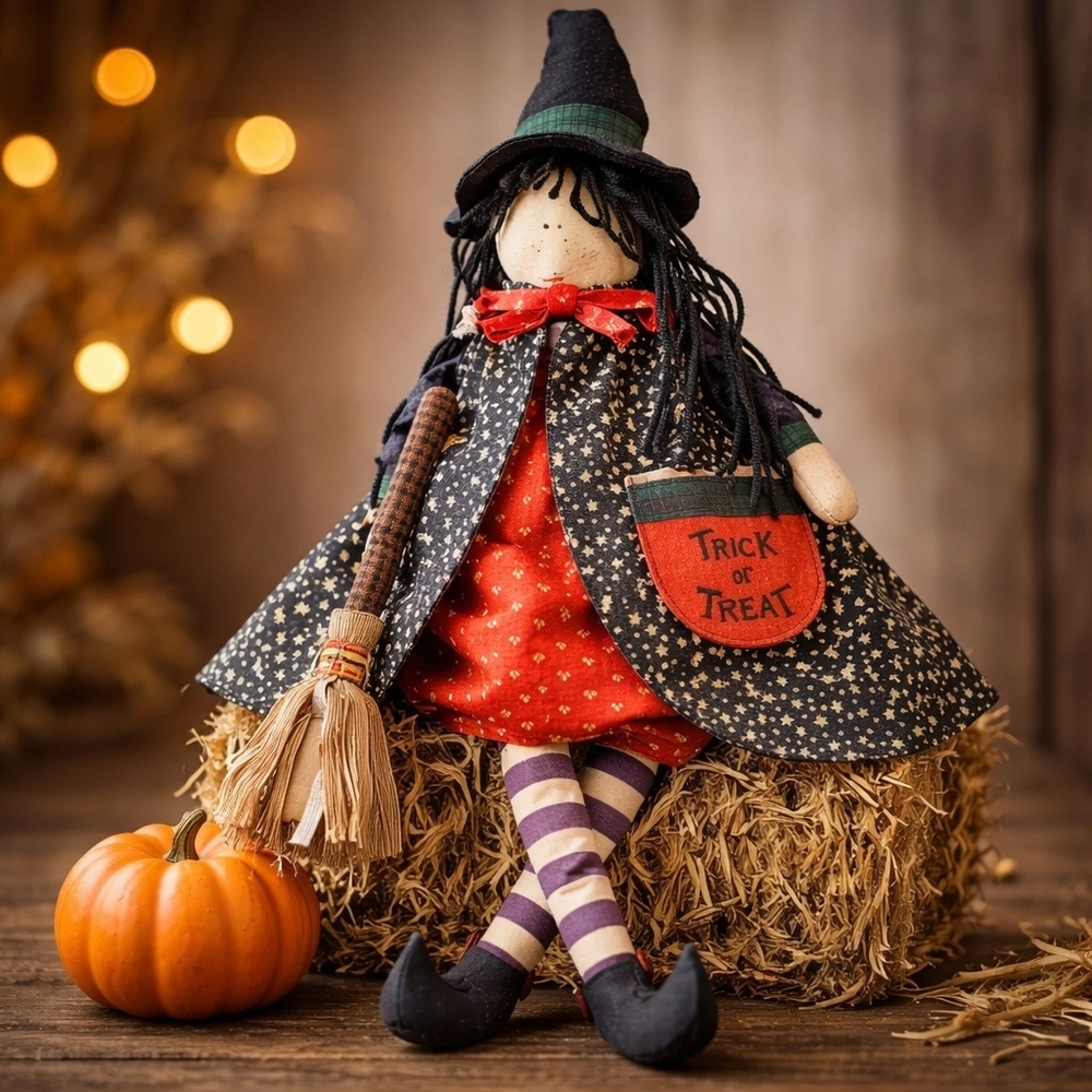Vintage Handcrafted Sitting Halloween Witch Doll with Pumpkin
